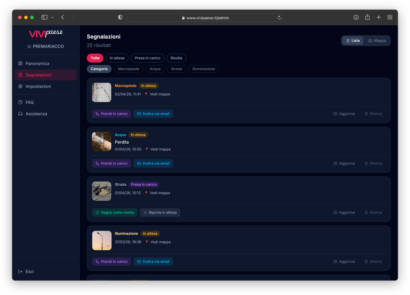 Dashboard amministrativa di Vivipaese
