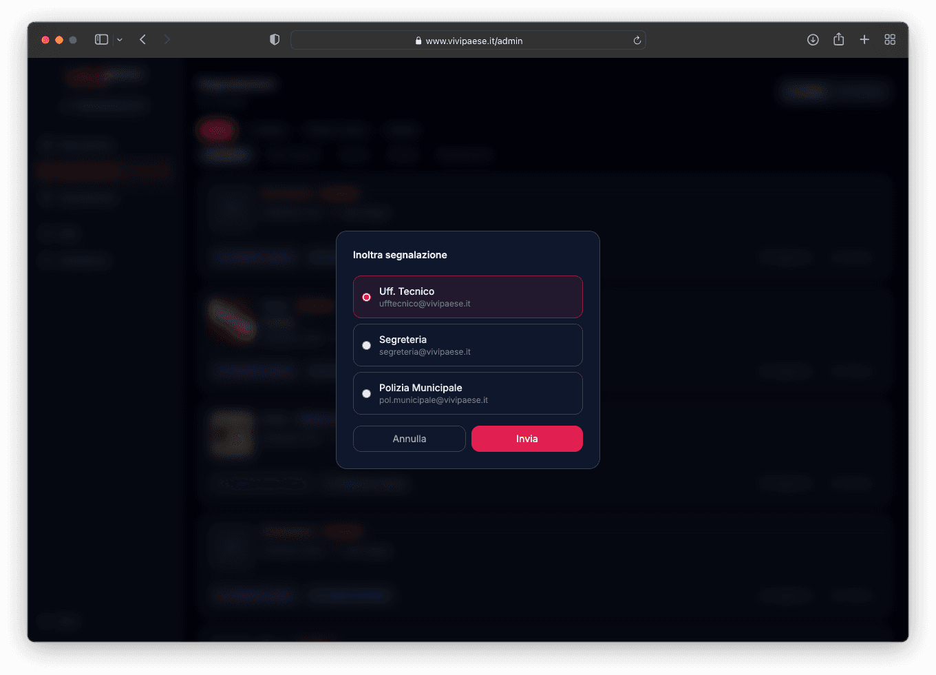 Modale inoltro segnalazione agli uffici